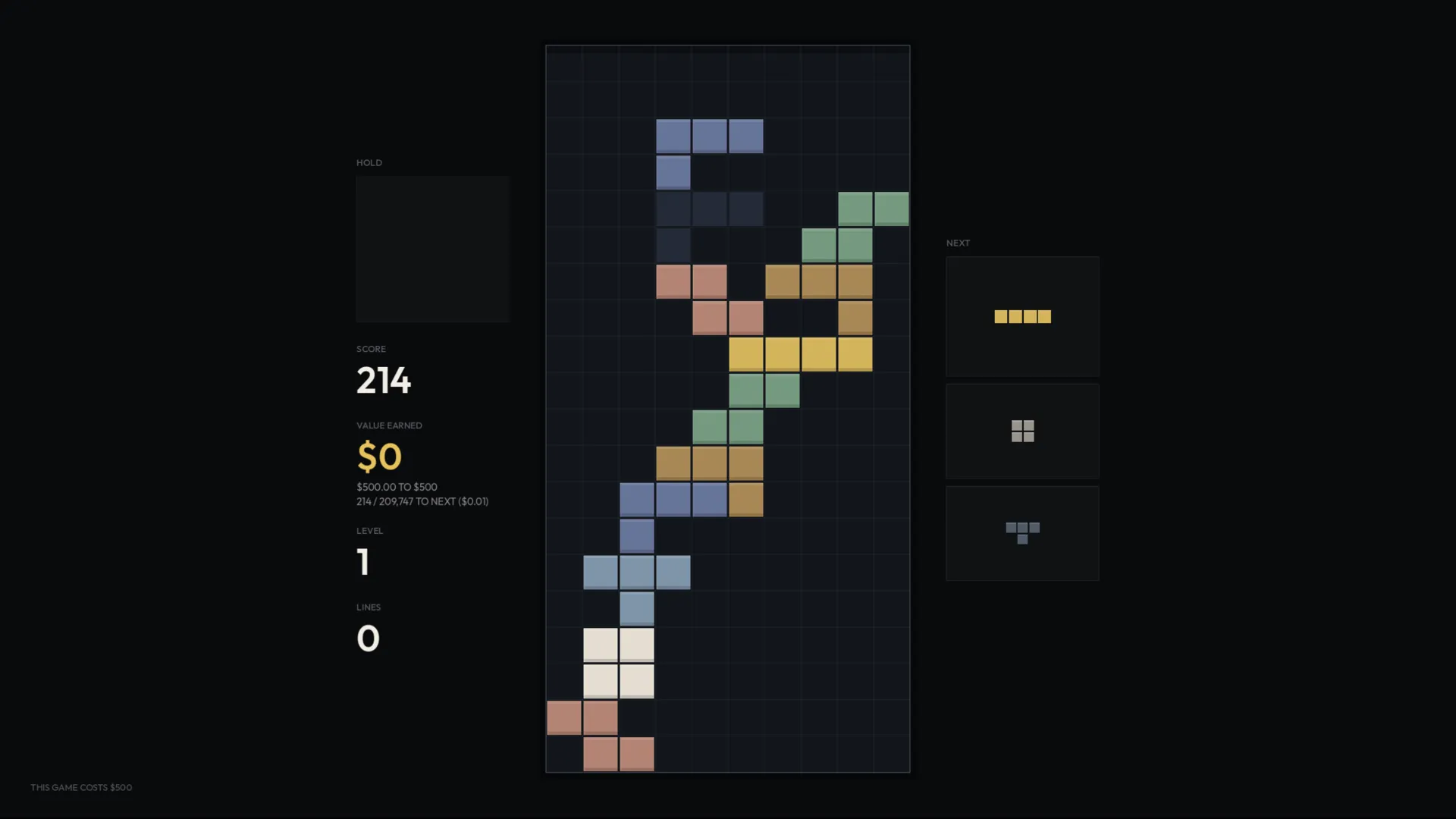 Real gameplay: an early board, mostly empty, with the hold slot and three-piece next queue visible.