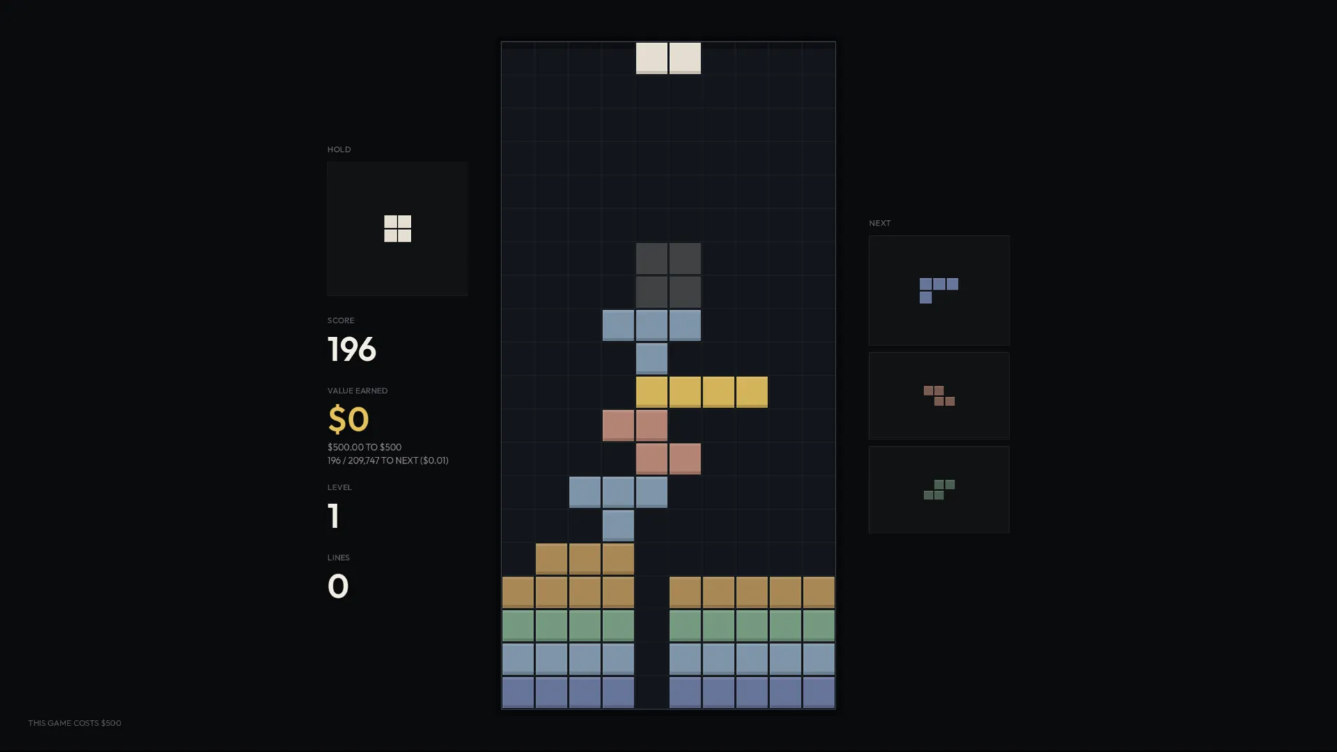Real gameplay: the hold slot in use, a piece stored for later, board partway filled.