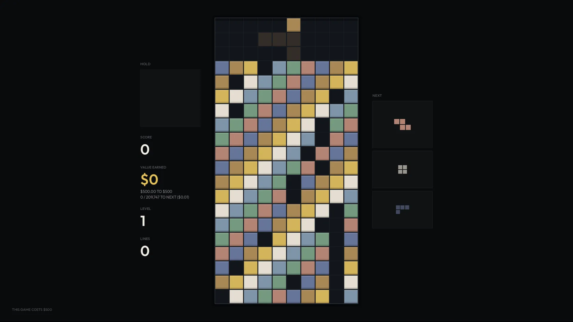 Real gameplay: the board nearly full, a piece falling into a narrow gap.